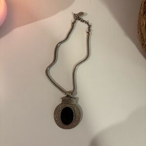 Silver-Tone Necklace with Black Oval Pendant